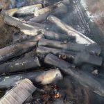 A drone footage shows the freight train derailment in East Palestine, Ohio